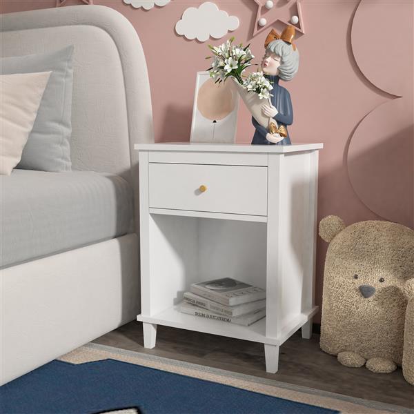 26.77''H Wooden Nightstand with One Drawer One Shelf for Kids, Adults, White