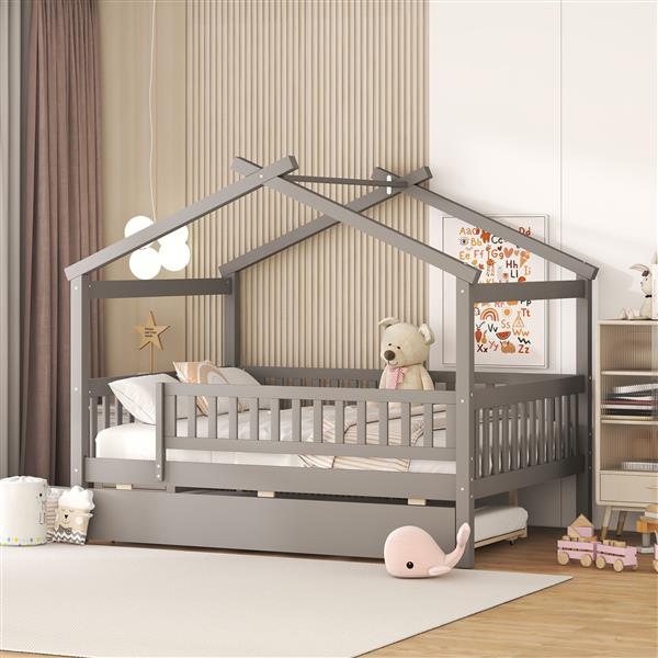 Full Size Wooden House Bed with Twin Size Trundle, Gray