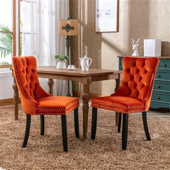 Modern, High-end Tufted Solid Wood Contemporary Velvet Upholstered Dining Chair with Wood Legs Nailhead Trim 2-Pcs Set, Orange