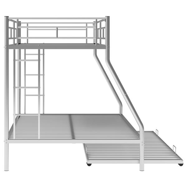 Twin over Full Bed with Sturdy Steel Frame, Bunk Bed with Twin Size Trundle, Two-Side Ladders, Silver