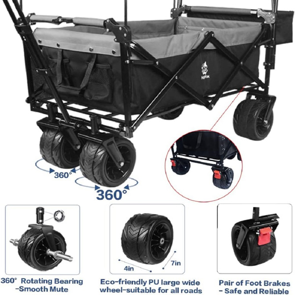 Collapsible Wagon Heavy Duty Folding Wagon Cart with Removable Canopy, 4" Wide Large All Terrain Wheels, Brake, Adjustable Handles,Cooler Bag Utility Carts for Outdoor Garden Wagons Carts Beach Cart