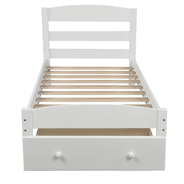 Platform Twin Bed Frame with Storage Drawer and Wood Slat Support No Box Spring Needed, White