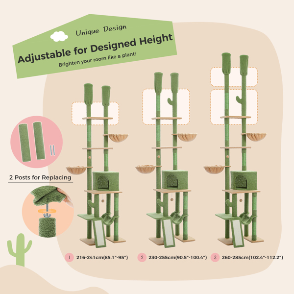 Cactus Cat Tree Floor to Ceiling Cat Tower with Adjustable Height(85-112 Inches), 7 Tiers Climbing Activity Center with Cozy Hammocks(Banned shein,unable to ship on weekends)