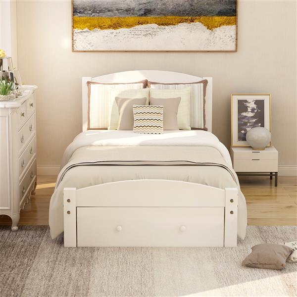 Platform Twin Bed Frame with Storage Drawer and Wood Slat Support No Box Spring Needed, White