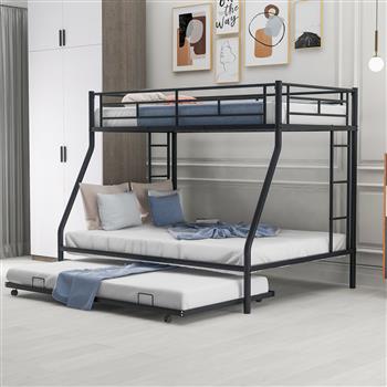 Twin over Full Bed with Sturdy Steel Frame, Bunk Bed with Twin Size Trundle, Two-Side Ladders, Black