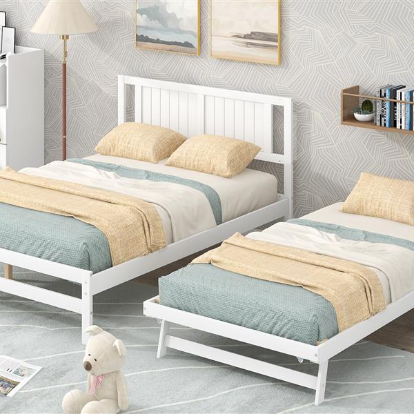 Full Size Platform Bed with Adjustable Trundle,White