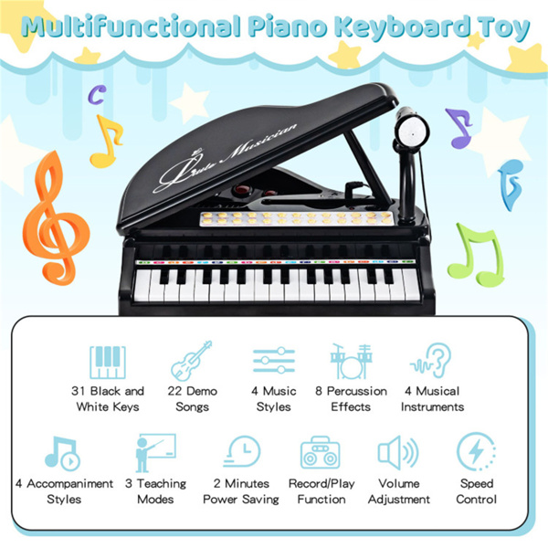 Black Kids Piano 31 Keys Kids Piano Keyboard with Stool and Piano Lid