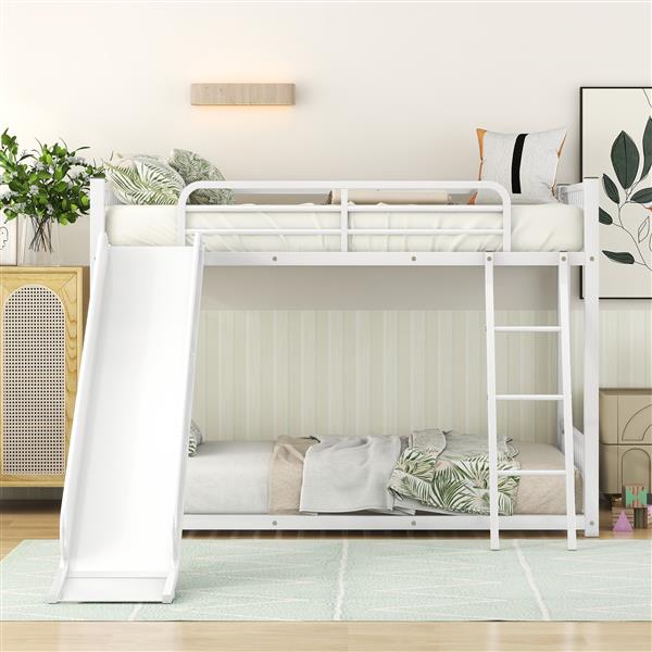 Metal Bunk Bed with Slide, Twin over Twin, White