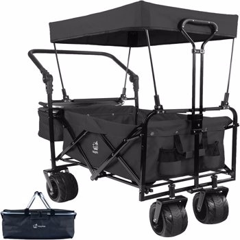 Collapsible Wagon Heavy Duty Folding Wagon Cart with Removable Canopy, 4\\" Wide Large All Terrain Wheels, Brake, Adjustable Handles,Cooler Bag Utility Carts for Outdoor Garden Wagons Carts Beach Cart
