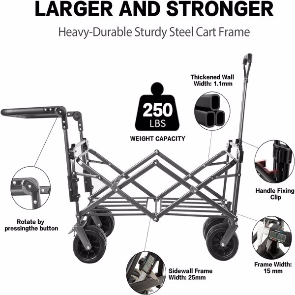 Collapsible Wagon Heavy Duty Folding Wagon Cart with Removable Canopy, 4" Wide Large All Terrain Wheels, Brake, Adjustable Handles,Cooler Bag Utility Carts for Outdoor Garden Wagons Carts Beach Cart