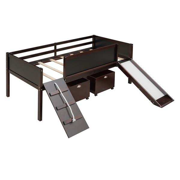 Twin size Loft Bed Wood Bed with Two Storage Boxes - Espresso