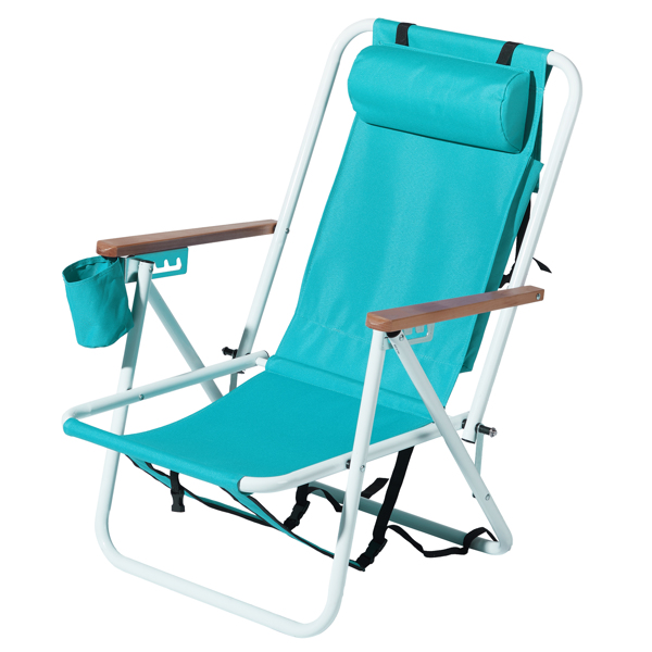 Folding Beach Chair, 4 Position Portable Backpack Foldable Camping Chair with Headrest Cup Holder and Wooden Armrests, Green