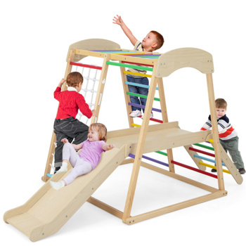 6-in-1 Kids Wooden Playground， Indoor Jungle Gym With slide