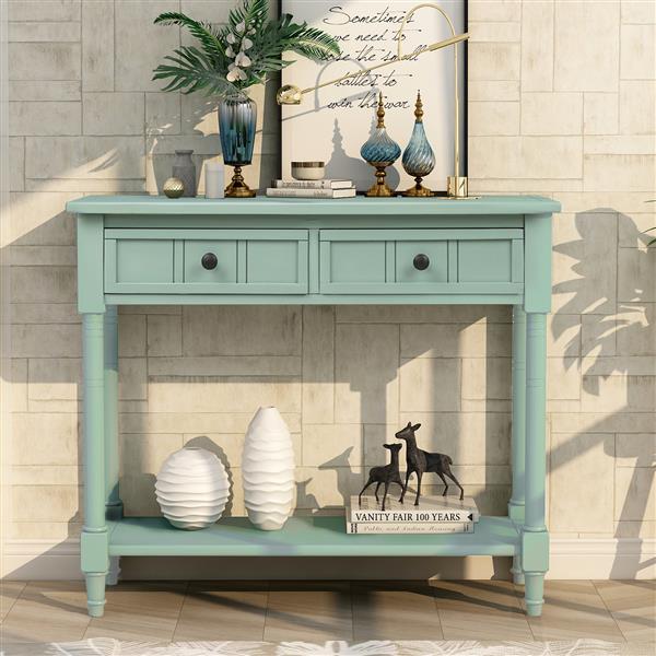 Series Console Table Traditional Design with Two Drawers and Bottom Shelf Acacia Mangium (Retro blue)