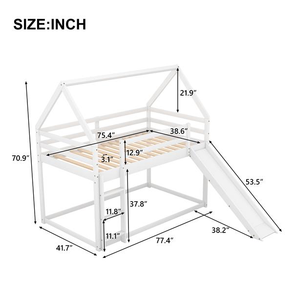 Twin Size Bunk House Bed with Slide and Ladder,White