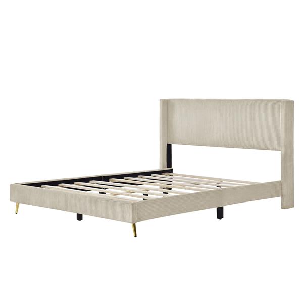 Queen Size Corduroy Platform Bed with Metal Legs, Beige