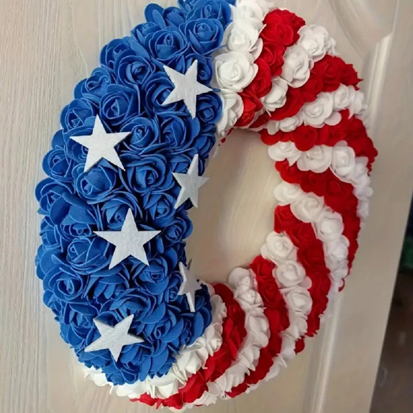 13Inch Patriotic Roses Wreath, 4th of July Summer Soft Touch Foam Roses Wreath for The Front Door, Memorial Day Artificial Flowers Wreath for Indoor and outdoor, 4Pcs