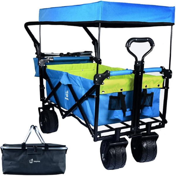 Collapsible Wagon Heavy Duty Folding Wagon Cart with Removable Canopy, 4" Wide Large All Terrain Wheels, Brake, Adjustable Handles,Cooler Bag Utility Carts for Outdoor Garden Wagons Carts Beach Cart