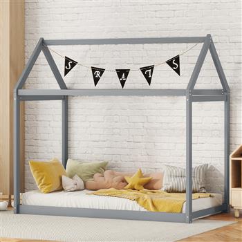 Twin Size Wooden House Bed, Gray