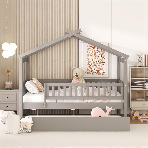 Full Size Wooden House Bed with Twin Size Trundle, Gray