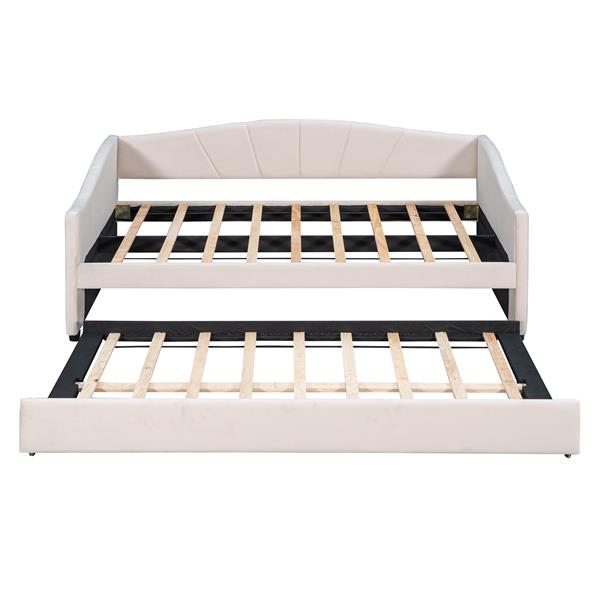 Upholstered Daybed Sofa Bed Twin Size With Trundle Bed and Wood Slat ,Beige