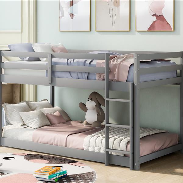 Twin over Twin Floor Bunk Bed with Ladder , Gray