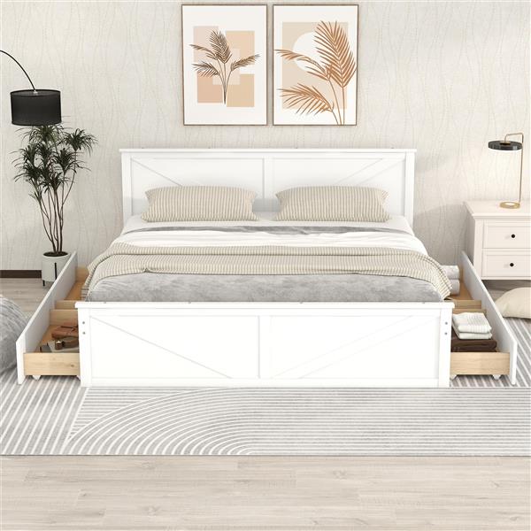 King Size Wooden Platform Bed with Four Storage Drawers and Support Legs, White