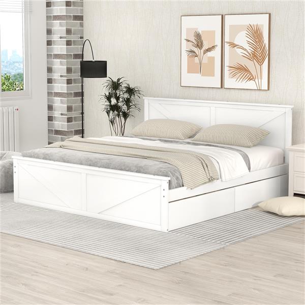 King Size Wooden Platform Bed with Four Storage Drawers and Support Legs, White