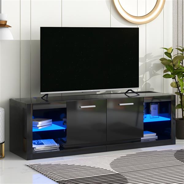 Modern TV Stand with 2 Tempered Glass Shelves, High Gloss Entertainment Center for TVs Up to 70'', Elegant TV Cabinet with LED Color Changing Lights for Living Room, Black