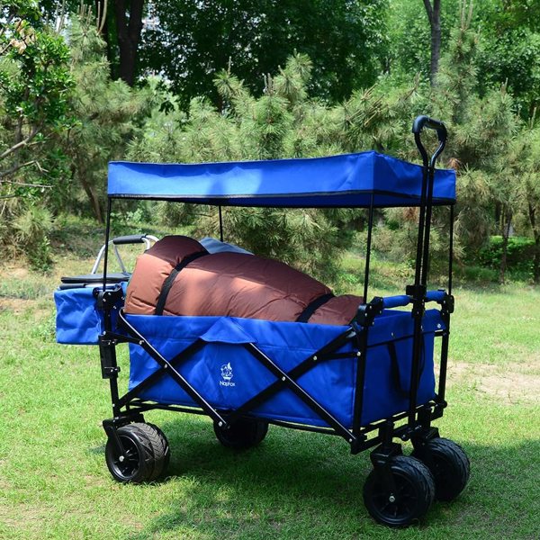 Collapsible Wagon Heavy Duty Folding Wagon Cart with Removable Canopy, 4" Wide Large All Terrain Wheels, Brake, Adjustable Handles,Cooler Bag Utility Carts for Outdoor Garden Wagons Carts Beach Cart