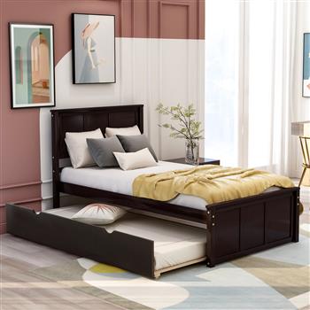 Platform Bed with Twin Size Trundle, Twin Size Frame, Espresso