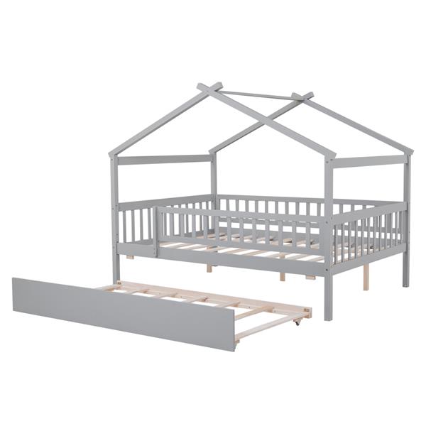 Full Size Wooden House Bed with Twin Size Trundle, Gray