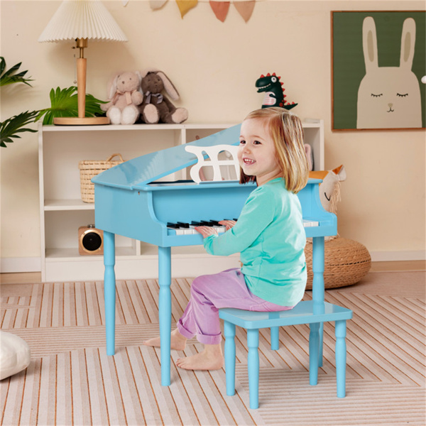 Blue Kids Piano 30-Key Wood Toy Kids Grand Piano with Bench and Music Rack