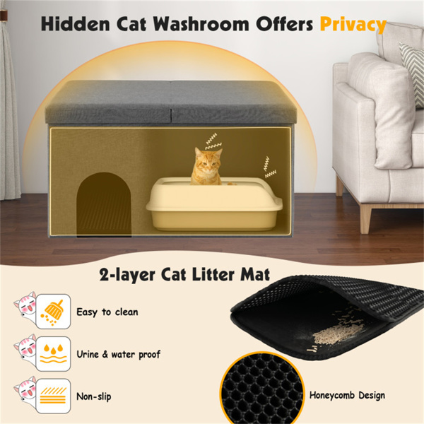 Gray Cat Litter Box Enclosure，Entrance Shoe Stool with Urine Proof Litter Mat