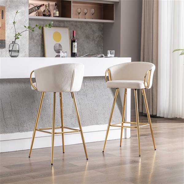 30 Inch Set of 2 Bar Stools,with Chrome Footrest and Base Velvet + Golden Leg Simple Bar Stool,CREAM