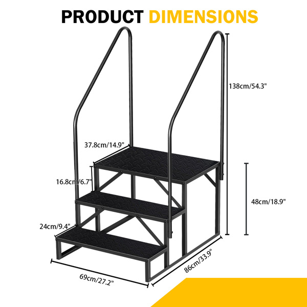 3 Step Ladder with Handrail, Swimming Pool Ladder Above Ground, 660 lb Load Capacity RV Steps with Anti-Slip Panel, Mobile Home Stairs for Reaching and Getting High, with 2 Handrails