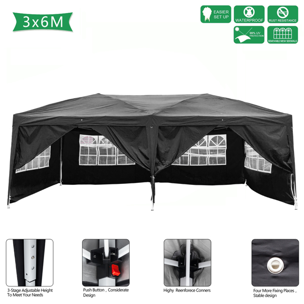 3 x 6m Four Windows Practical Waterproof Folding Tent Black 