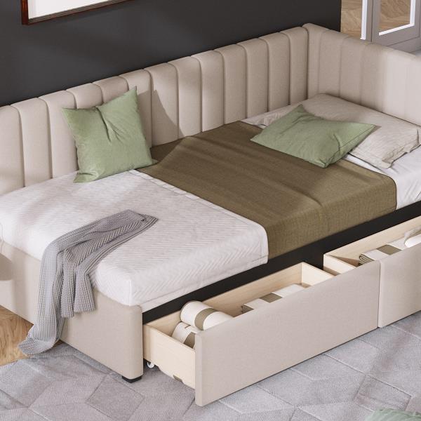 Upholstered Daybed with 2 Storage Drawers Twin Size Sofa Bed Frame No Box Spring Needed, Linen Fabric (Beige)