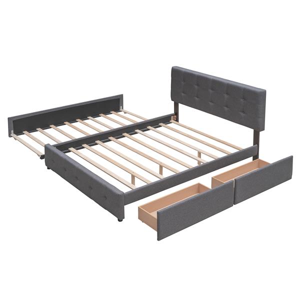 Upholstered Platform Bed with 2 Drawers and 1 Twin XL Trundle,  Linen Fabric, Queen Size - Dark Gray