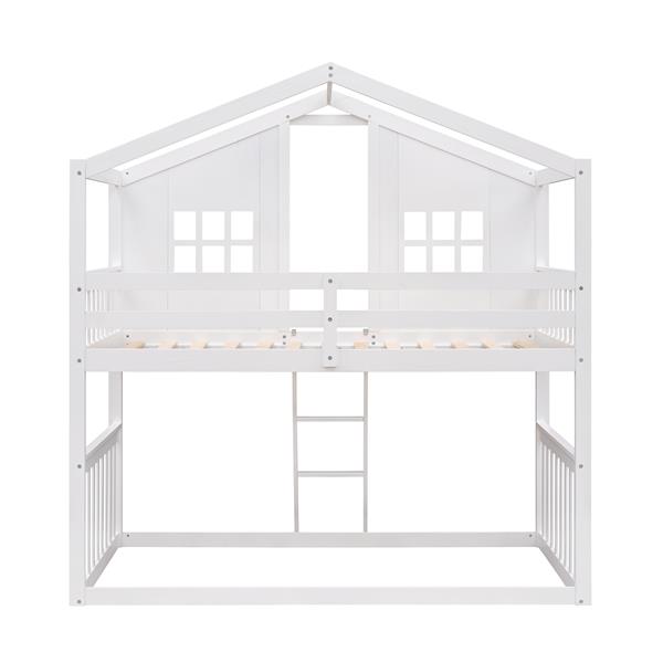 Twin Over Twin House Bunk Bed With Ladder, Wood Bed-White