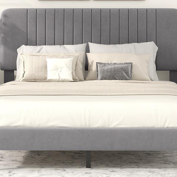 Queen Size Upholstered Platform Bed,No Box Spring Needed, Velvet Fabric,Gray