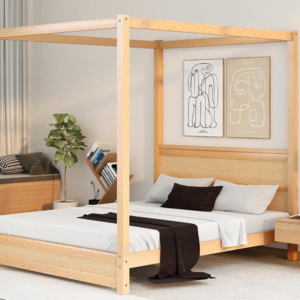 Queen Size Canopy Platform Bed with Headboard and Support Legs,Natural