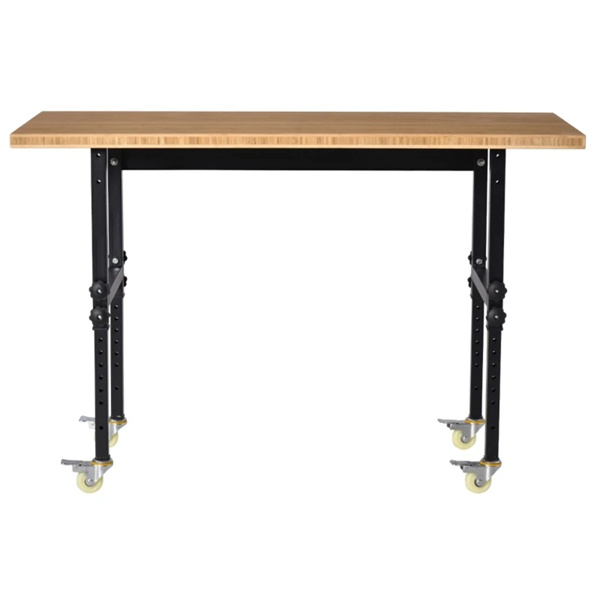 59" Garage Work Bench with Wheels, Height Adjustable Legs, Bamboo Tabletop Workstation Tool Table