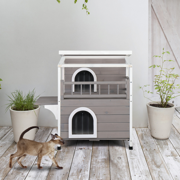  Wooden Cat house 2-Story Indoor Outdoor Luxurious Cat Shelter House with Transparent Canopy, Large Balcony, Openable Weatherproof Roof,Double escape door, Grey&White