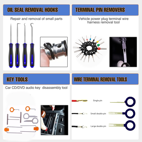 63 decorative removal tools, automatic push pin bumper fixing clamp kit Fastener terminal removal kit Sticky cable clamp skid kit Auto panel radio removal automatic clamp