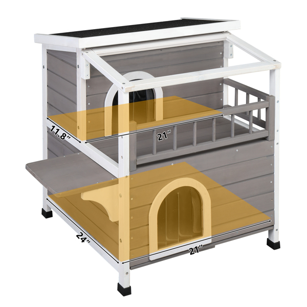  Wooden Cat house 2-Story Indoor Outdoor Luxurious Cat Shelter House with Transparent Canopy, Large Balcony, Openable Weatherproof Roof,Double escape door, Grey&White