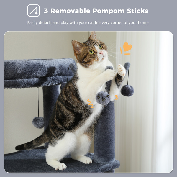 59" Cat Tree,Cat Tower for Large Cats,Multi-Level Cat Tower with 3 Removable Pompom Sticks,Cat Condo with Large Hammock,Scratching Post,and 2 Perches,Deep Grey(Banned shein,unable to ship on weekends)