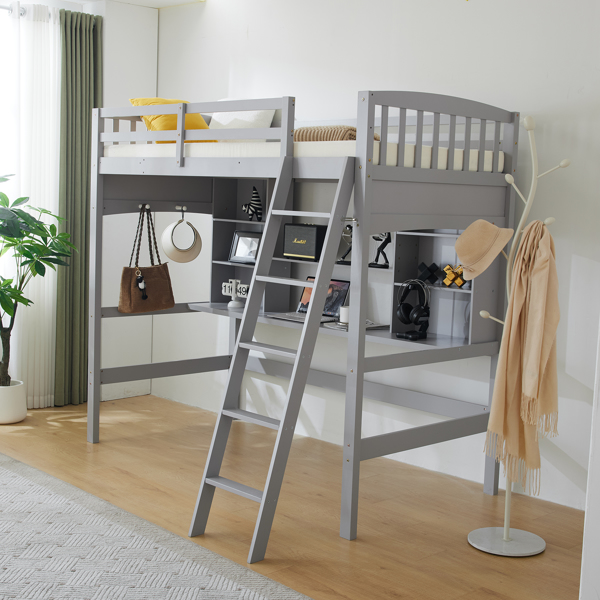 Loft bed with shelf with desk inclined ladder gray twin wooden bed pine particle board