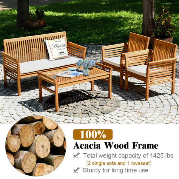 4-piece patio furniture set Outdoor Acacia wood sofa furniture with cushion white