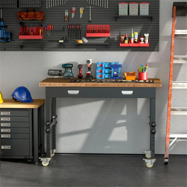 47" Garage Work Bench with Drawer and Wheels, Height Adjustable Legs, Bamboo Tabletop Workstation Tool Table